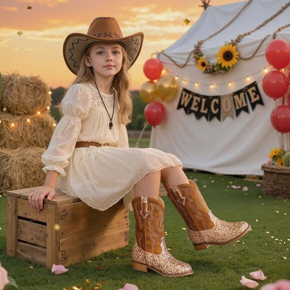 Unisex Child Sequins Brown Mid Calf Glitter Toddler Cowboy Boot Little Big Kids - Picture 3 of 8